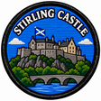 Round 80mm embroidered patch showing a castle flying the Saltire above a rocky hill and arched bridge, with STIRLING CASTLE lettering, framed by a black border.