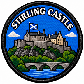 Round 80mm embroidered patch showing a castle flying the Saltire above a rocky hill and arched bridge, with STIRLING CASTLE lettering, framed by a black border.