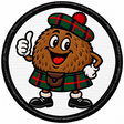 Round 80mm embroidered patch showing a smiling furry haggis character in a green tartan kilt and hat giving a thumbs-up on white, framed by a black border.