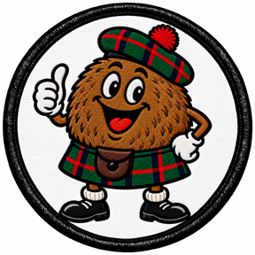 Round 80mm embroidered patch showing a smiling furry haggis character in a green tartan kilt and hat giving a thumbs-up on white, framed by a black border.