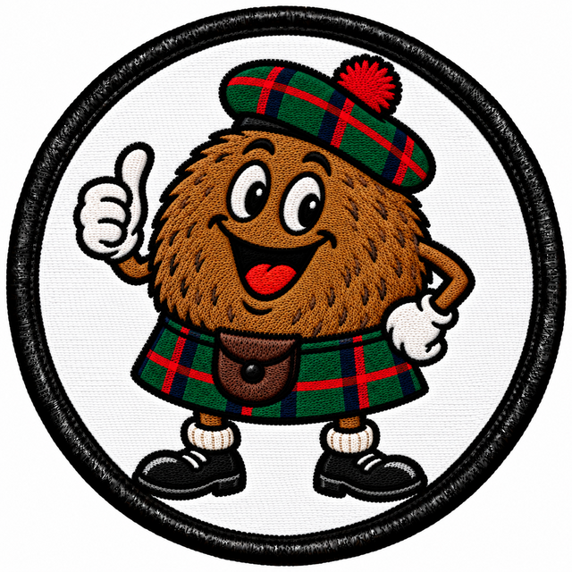 Round 80mm embroidered patch showing a smiling furry haggis character in a green tartan kilt and hat giving a thumbs-up on white, framed by a black border.