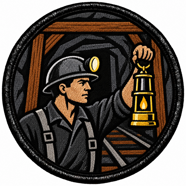 Round 80mm embroidered patch showing a helmeted coal miner holding a glowing lantern inside a timber-supported mine tunnel, framed by a black border.
