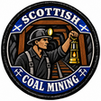 Round 80mm embroidered patch showing a miner holding a lantern in a tunnel, surrounded by SCOTTISH COAL MINING lettering, Saltires and crossed tools, framed by a black border.