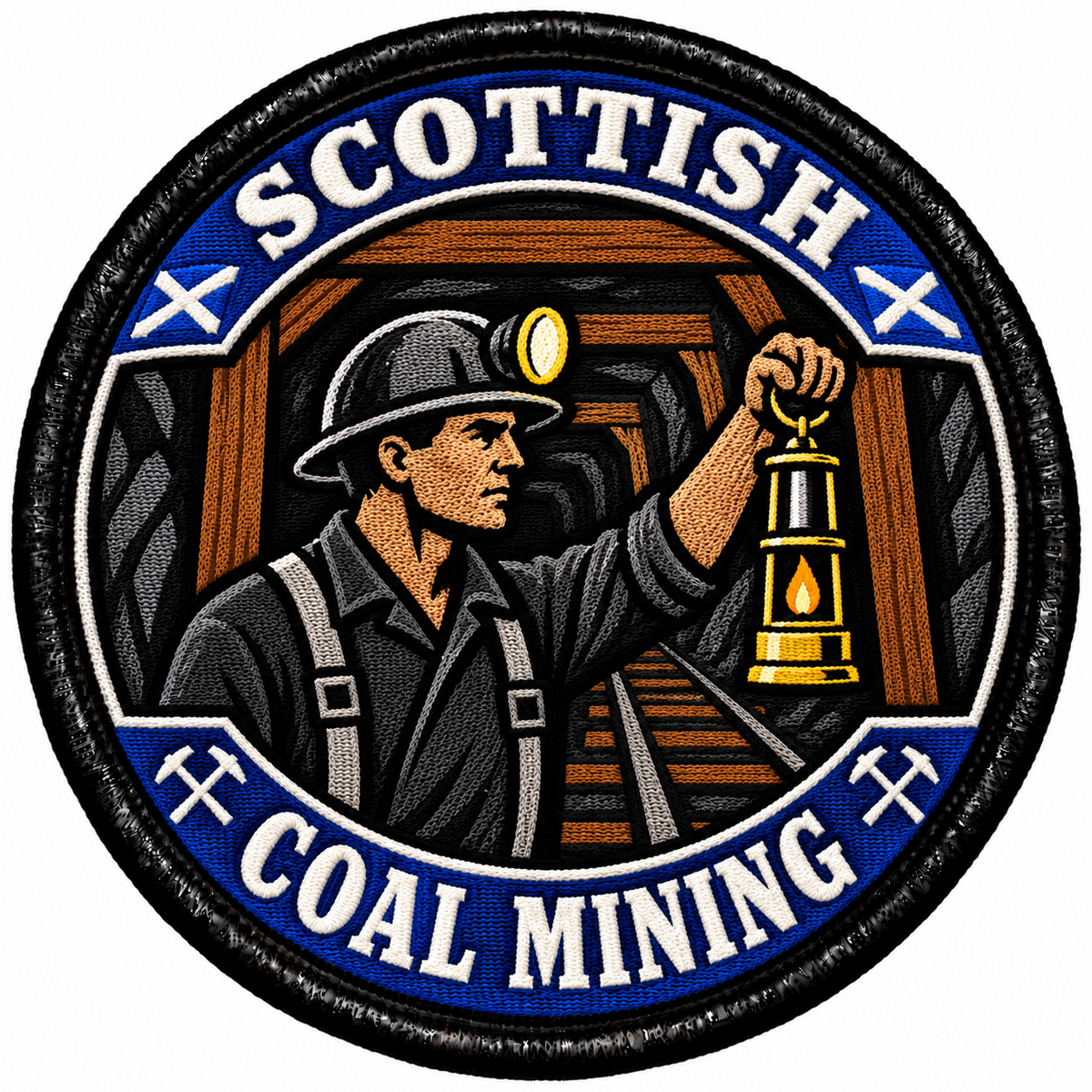 Round 80mm embroidered patch showing a miner holding a lantern in a tunnel, surrounded by SCOTTISH COAL MINING lettering, Saltires and crossed tools, framed by a black border.