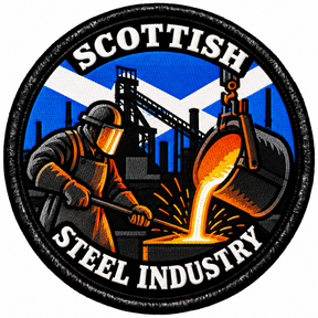Round 80mm embroidered patch showing a steelworker beside a ladle pouring molten metal, with a Saltire and SCOTTISH STEEL INDUSTRY lettering, framed by a black border.