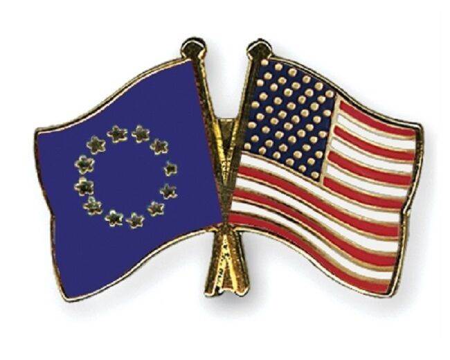 EU European Union & USA Flags Friendship Courtesy Enamel Lapel Pin Badge image 0