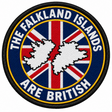 The Falkland Islands Are British round embroidered patch with white island silhouettes over a Union Jack and yellow trim