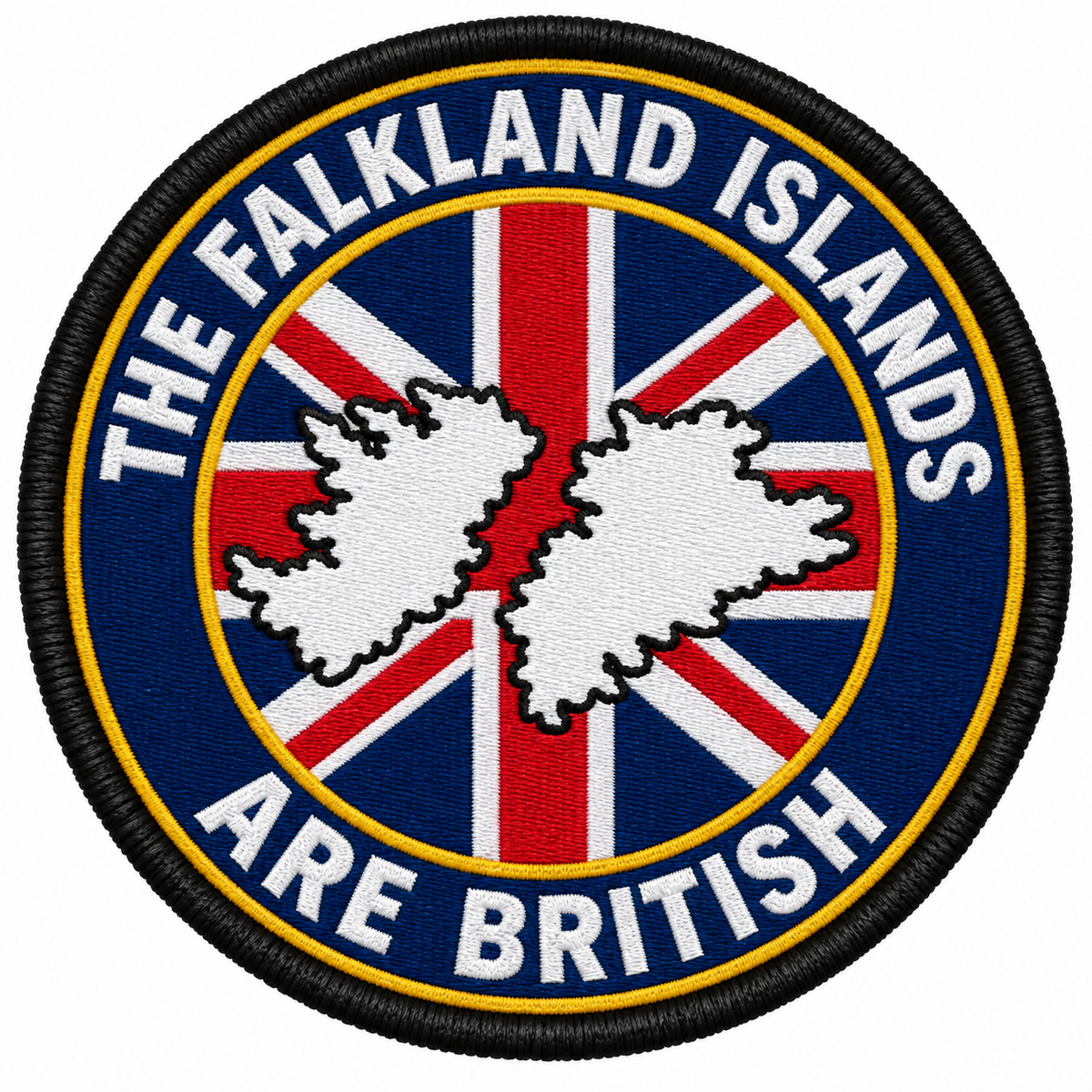 The Falkland Islands Are British round embroidered patch with white island silhouettes over a Union Jack and yellow trim