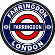 Round 80mm embroidered patch showing a red roundel with a blue FARRINGDON name bar, surrounded by FARRINGDON and LONDON lettering, finished with a black border.