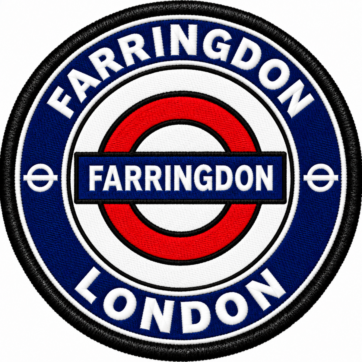 Round 80mm embroidered patch showing a red roundel with a blue FARRINGDON name bar, surrounded by FARRINGDON and LONDON lettering, finished with a black border.