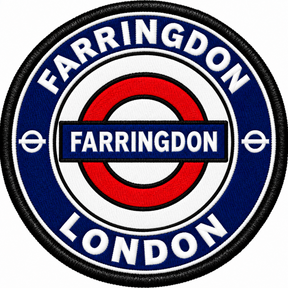 Round 80mm embroidered patch showing a red roundel with a blue FARRINGDON name bar, surrounded by FARRINGDON and LONDON lettering, finished with a black border.