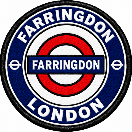 Round 80mm embroidered patch showing a red roundel with a blue FARRINGDON name bar, surrounded by FARRINGDON and LONDON lettering, finished with a black border.