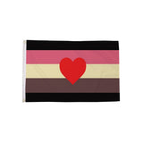 Fat Fetish Pride Flag 5ft x 3ft with black pink cream brown stripes and red heart