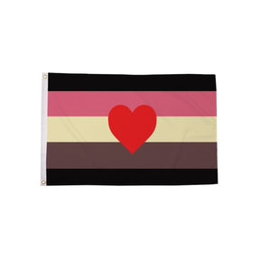 Fat Fetish Pride Flag 5ft x 3ft with black pink cream brown stripes and red heart