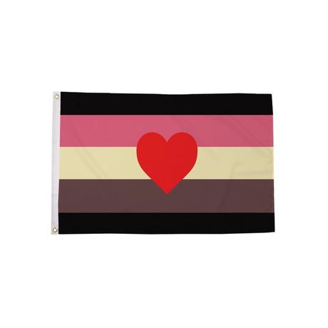 Fat Fetish Pride Flag 5ft x 3ft with black pink cream brown stripes and red heart