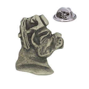 Dog head wearing a fez hat with tassel, antique silver-tone pewter lapel pin badge with butterfly clutch fastening
