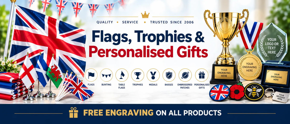Flagmania flags and bunting alongside trophies, medals, badges and personalised gifts