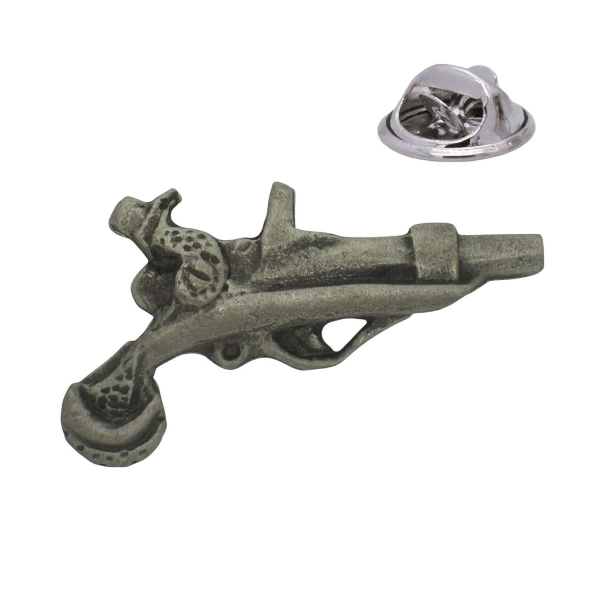 Antique flintlock pistol pewter lapel pin badge with butterfly clutch fastening