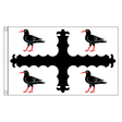 Flintshire county flag with decorative black cross and four black birds with red beaks and legs on white, 5ft x 3ft
