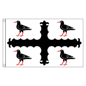 Flintshire county flag with decorative black cross and four black birds with red beaks and legs on white, 5ft x 3ft