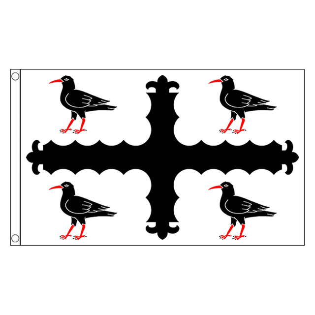 Flintshire county flag with decorative black cross and four black birds with red beaks and legs on white, 5ft x 3ft