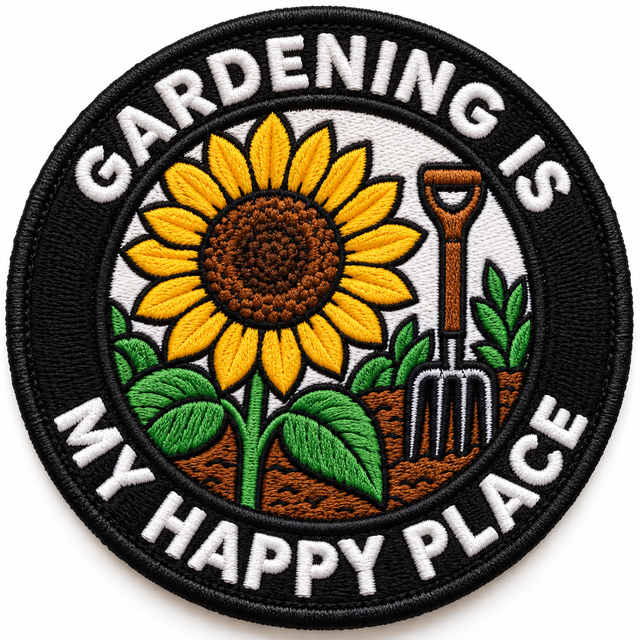 Gardening Is My Happy Place 80mm circular embroidered gardening patch