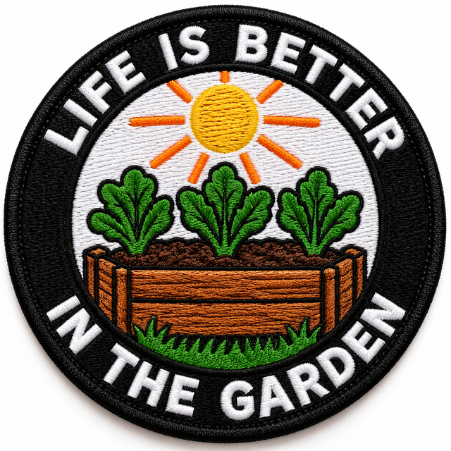 Life Is Better in the Garden 80mm circular embroidered gardening patch