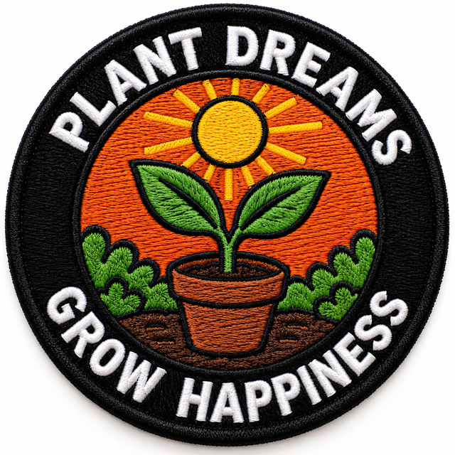 Plant Dreams Grow Happiness 80mm circular embroidered gardening patch