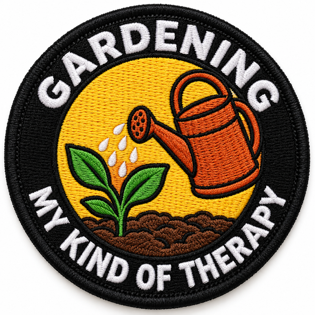 Gardening My Kind of Therapy 80mm circular embroidered gardening patch