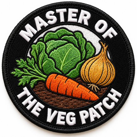Master of the Veg Patch 80mm circular embroidered gardening patch