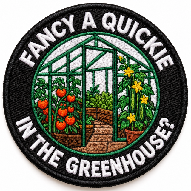 Fancy a Quickie in the Greenhouse? 80mm circular embroidered gardening patch