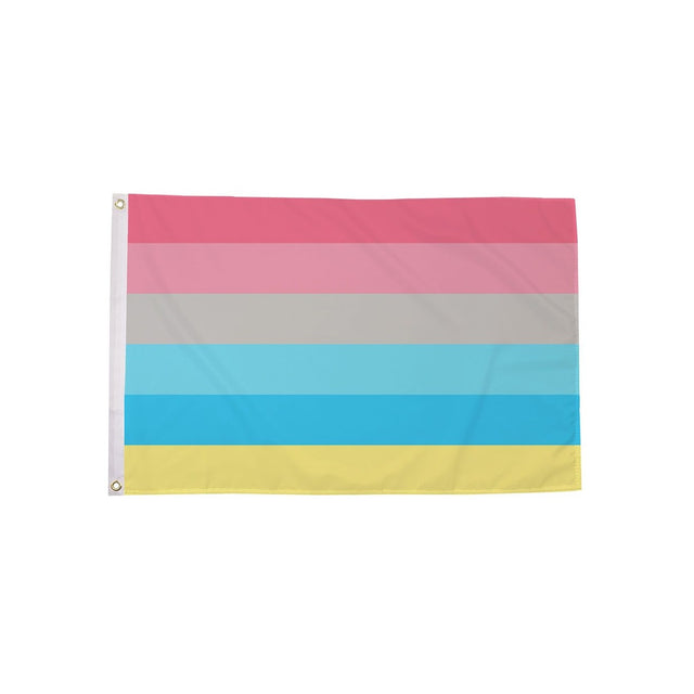 Genderflux Pride Flag 5ft x 3ft with pink grey turquoise blue and yellow stripes