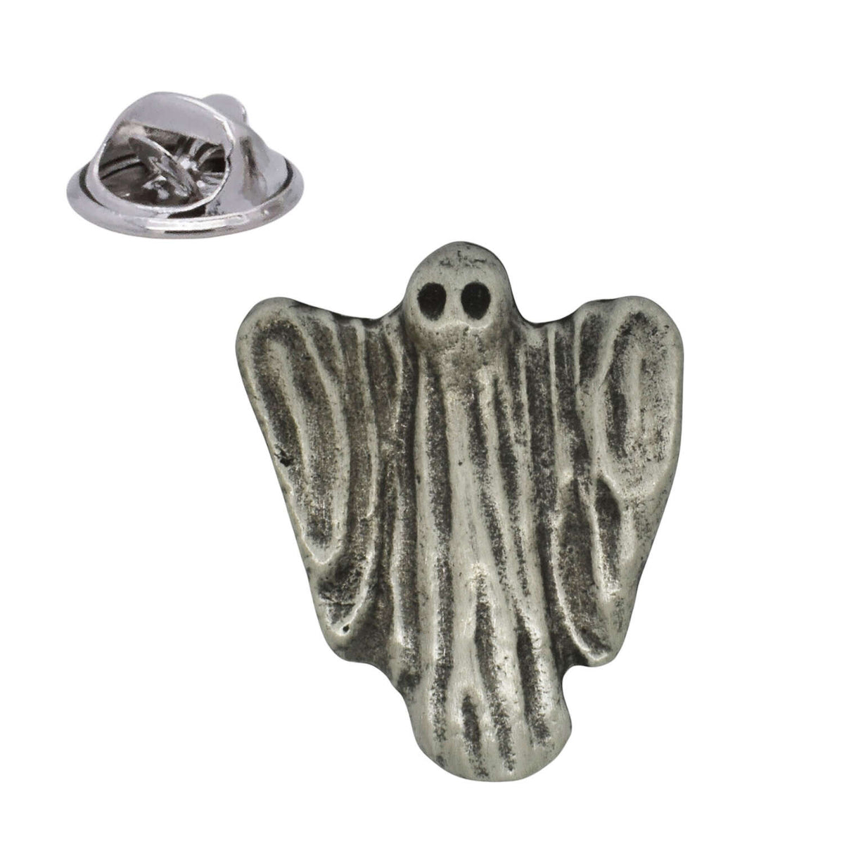 Ghost pewter lapel pin badge with raised draped sheet design and butterfly clutch fastening