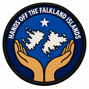 Hands Off the Falkland Islands embroidered patch with two hands beneath white island silhouettes and a star on a blue background