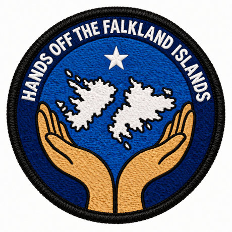 Hands Off the Falkland Islands embroidered patch with two hands beneath white island silhouettes and a star on a blue background
