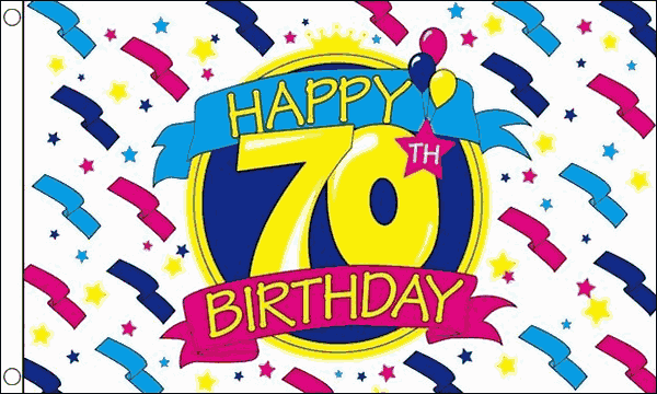 Flagmania Happy 70th Birthday wooden hand flags, 9x6 inch, pack of 12, no bases