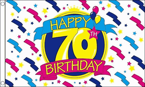 Flagmania Happy 70th Birthday wooden hand flags, 9x6 inch, pack of 12, no bases