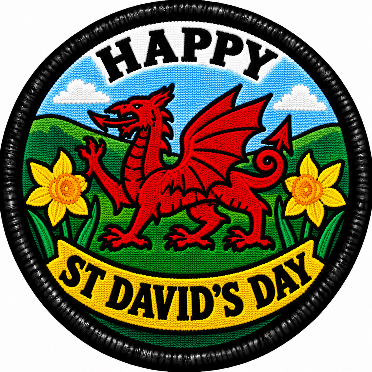Happy St David’s Day round embroidered patch featuring a red Welsh dragon, yellow daffodils, green hills and a black border