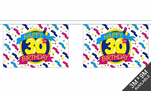 Happy 30th Birthday 3 metre bunting, 10 flags - Flagmania