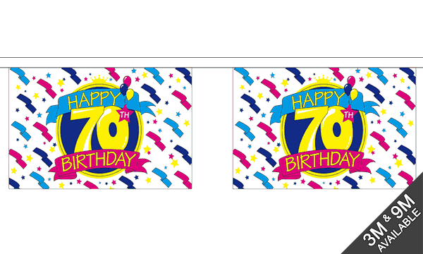 Happy 70th Birthday 3 metre bunting, 10 flags - Flagmania