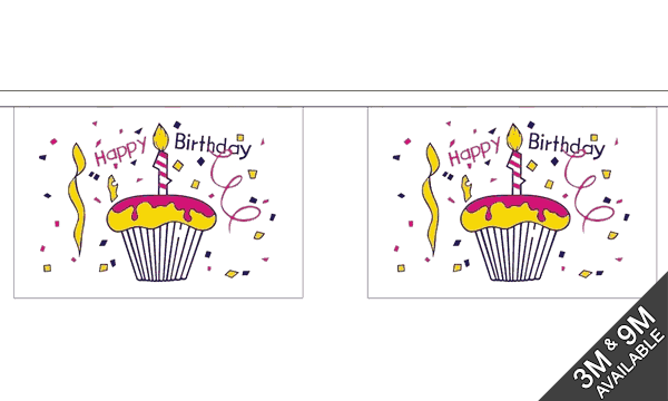 Happy Birthday Cake 3 metre bunting, 10 flags - Flagmania