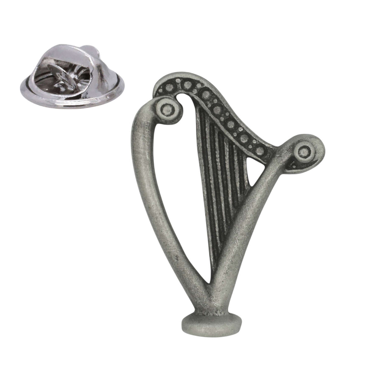 Antique silver-tone Celtic harp pewter lapel pin badge with butterfly clutch fastening