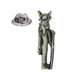 Hathor ancient Egyptian goddess figure with horned headdress and staff, pewter lapel pin badge
