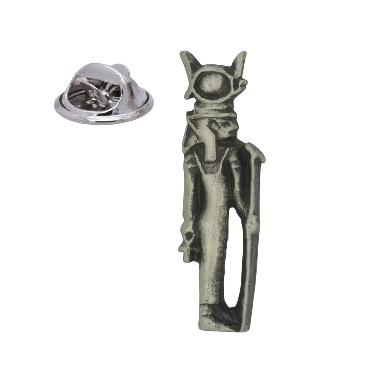 Hathor ancient Egyptian goddess figure with horned headdress and staff, pewter lapel pin badge
