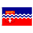 Herefordshire old county flag with blue and red fields, white waves and shield bearing gold lion and white bull’s head, 5ft x 3ft