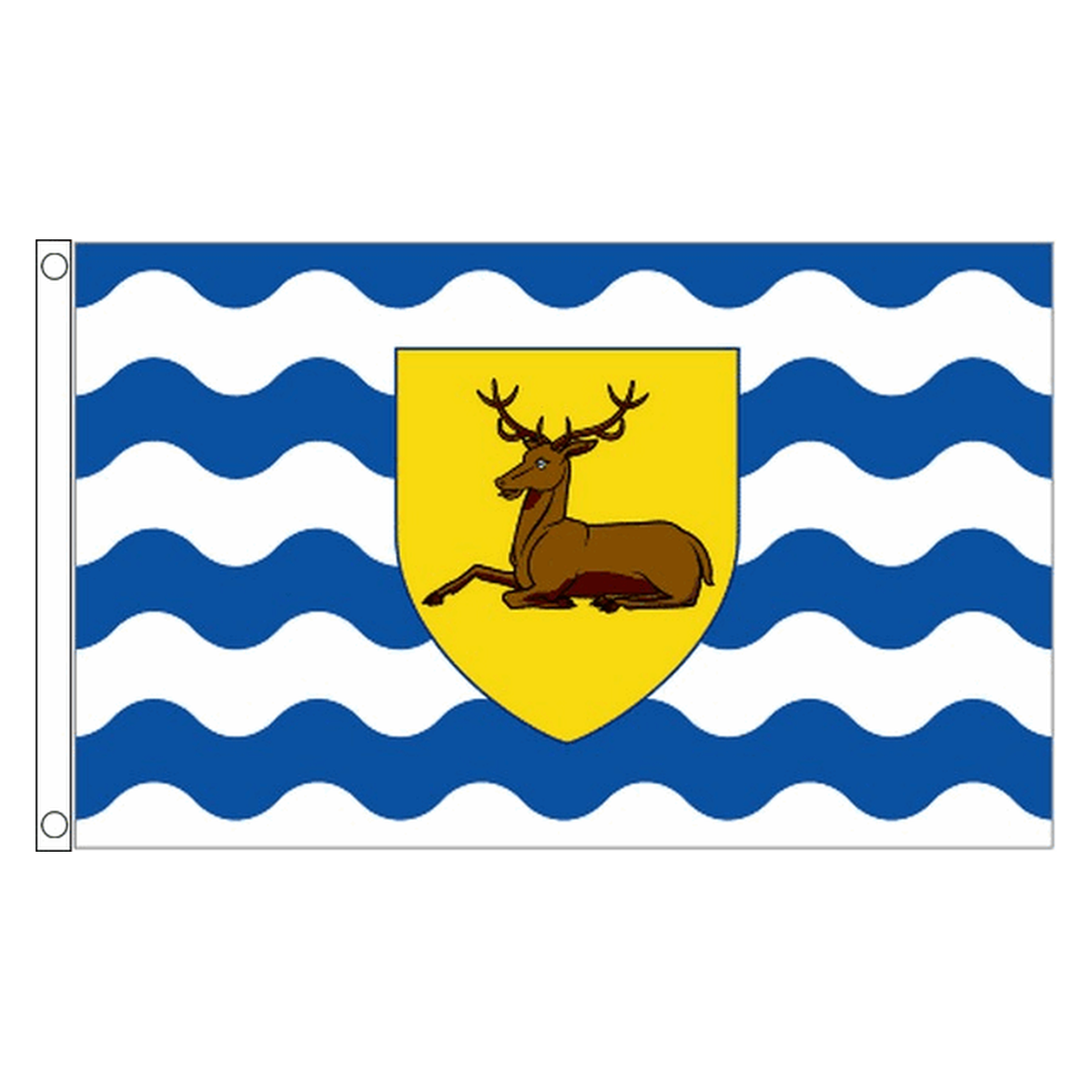 Hertfordshire county flag with stag on gold shield over blue and white waves, 5ft x 3ft