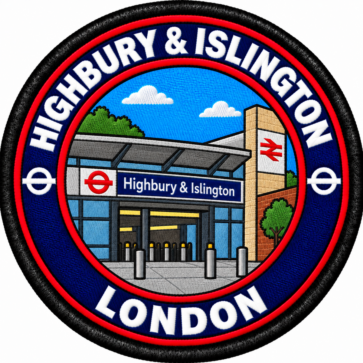 Round 80mm embroidered patch showing a stylised Highbury & Islington station entrance with red transport symbols, finished with a black border.
