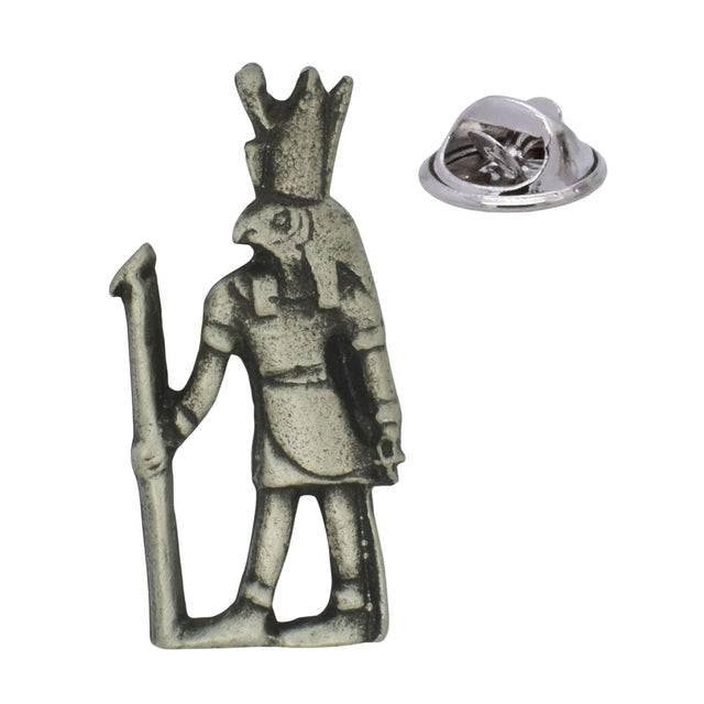 Horus ancient Egyptian falcon-headed god with tall crown and staff pewter lapel pin badge