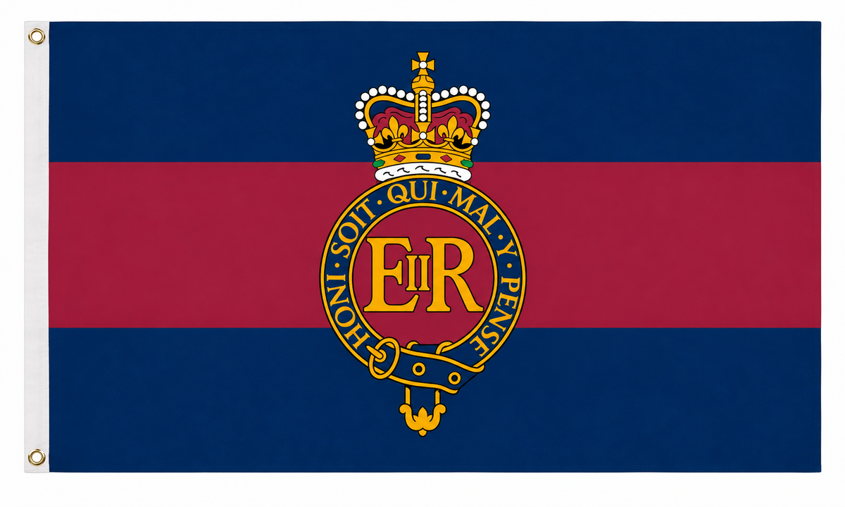 Household Cavalry Regiment flag with crowned EIIR emblem on navy and maroon bands