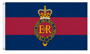 Household Cavalry Regiment flag with crowned EIIR emblem on navy and maroon bands